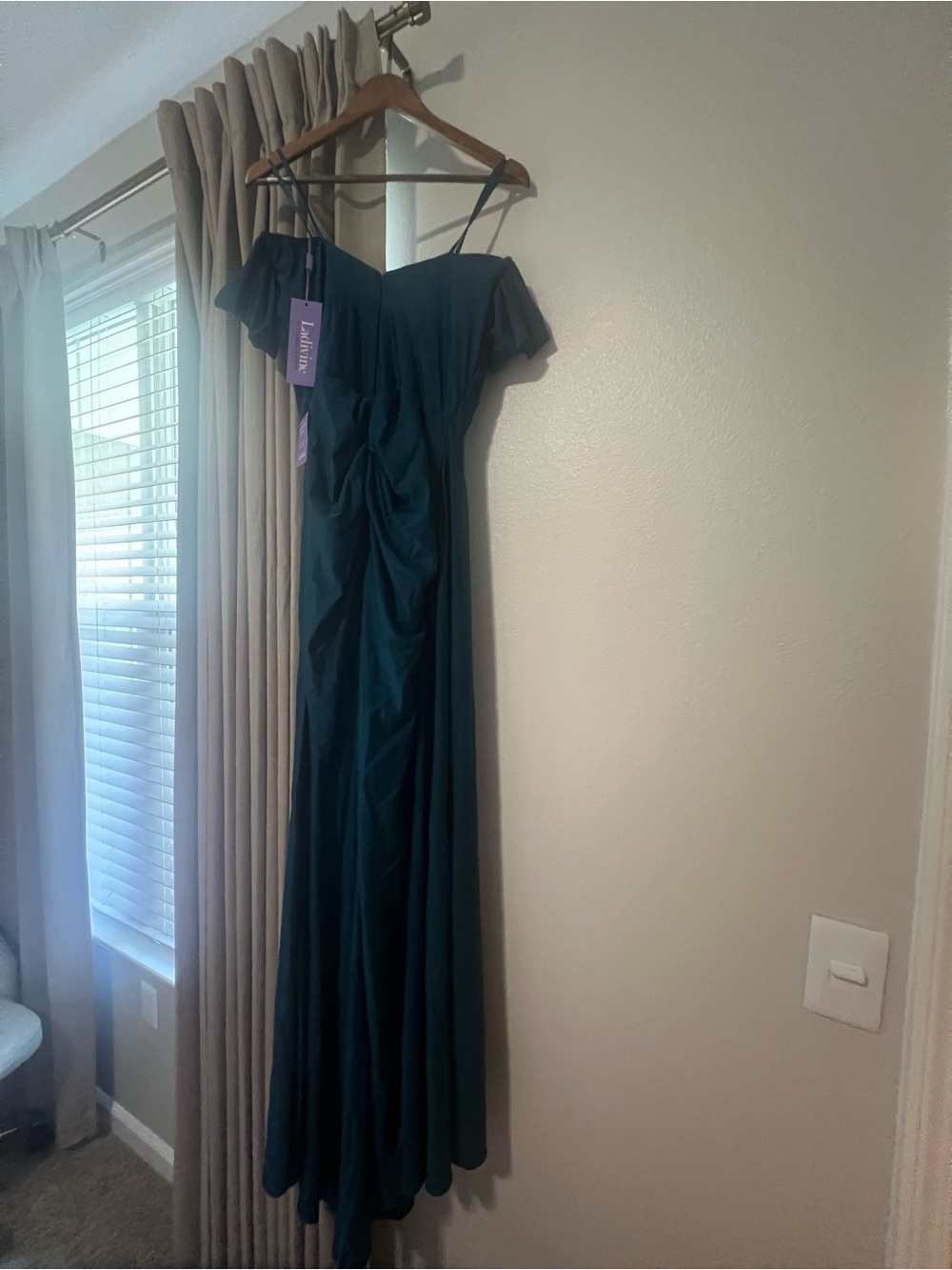 Off-Shoulder Deep Teal Maxi Dress with Draped Bodice